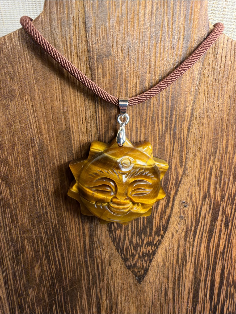 Tiger’s Eye Smiling Sun Pendant Necklace on Brown Rope